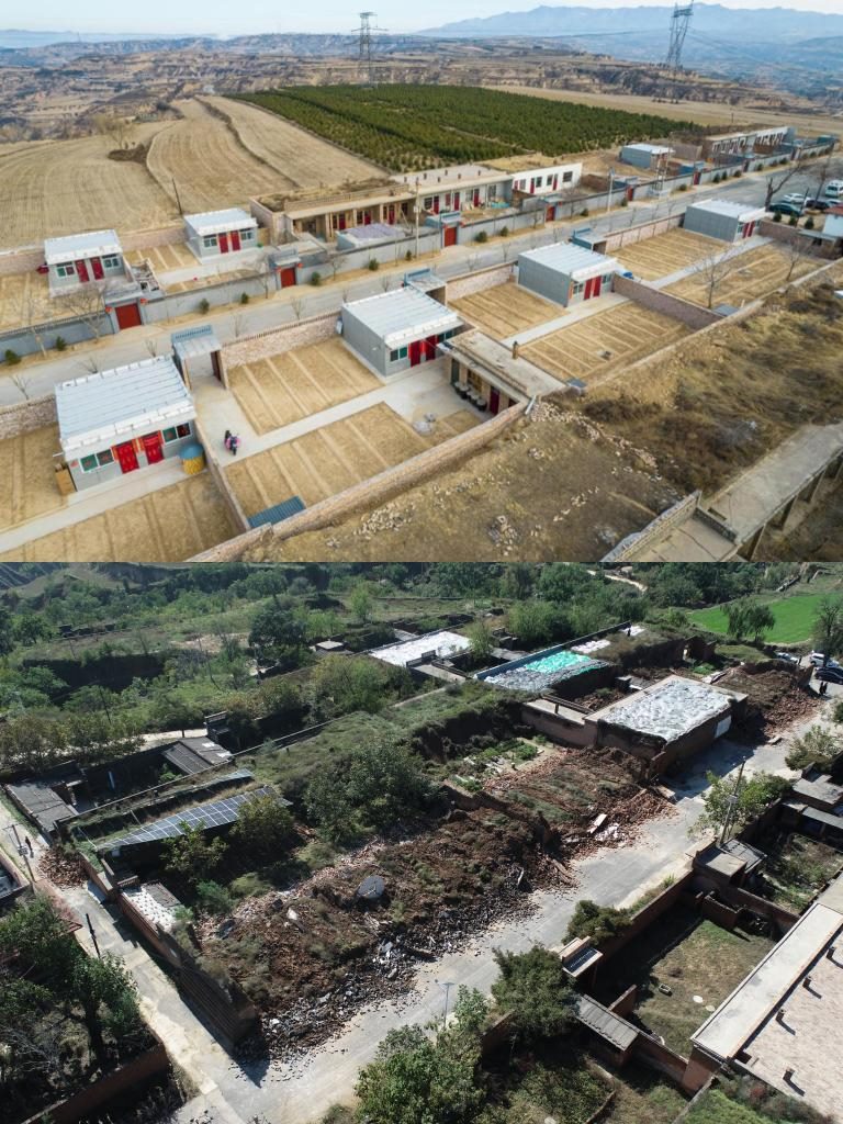 拼版照片，上圖是2022年1月山西省霍州市師莊鄉(xiāng)馮南垣村災(zāi)后恢復(fù)重建后的場景，下圖是2021年10月村莊因?yàn)?zāi)受損的場景。(霍州市委宣傳部供圖)
