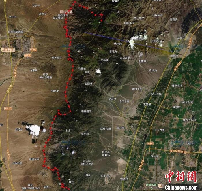 圖為雪豹在春節(jié)前后的活動(dòng)軌跡?！?nèi)蒙古賀蘭山國(guó)家級(jí)自然保護(hù)區(qū)供圖