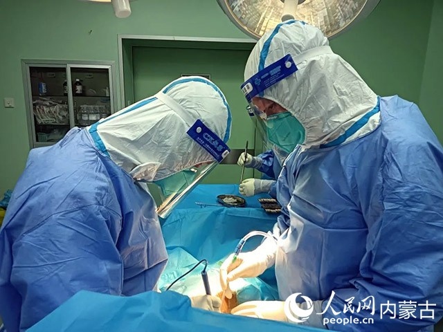 醫(yī)護(hù)人員正在為新冠肺炎合并腸梗阻腸穿孔的尿毒癥患者實(shí)施急診手術(shù)。呼和浩特市第一醫(yī)院供圖