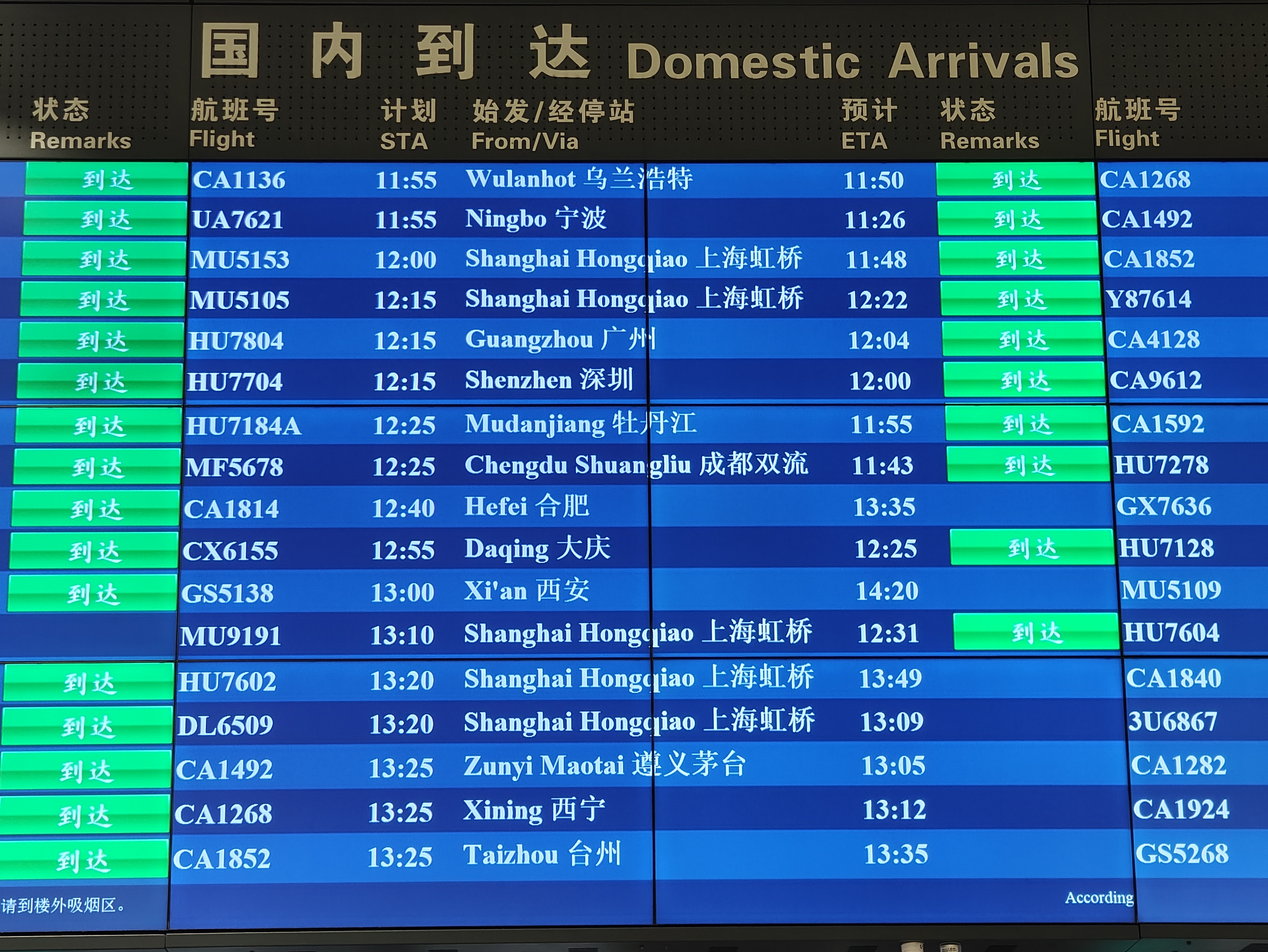 首都機(jī)場(chǎng)大屏顯示，MU9191航班于12:31順利到達(dá)。人民網(wǎng)記者 夏曉倫攝
