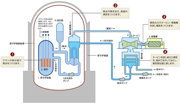 核電站運(yùn)作原理圖。通常的核電站排水未直接接觸核燃料。（圖片來源：日本北海道電力株式會(huì)社網(wǎng)站）