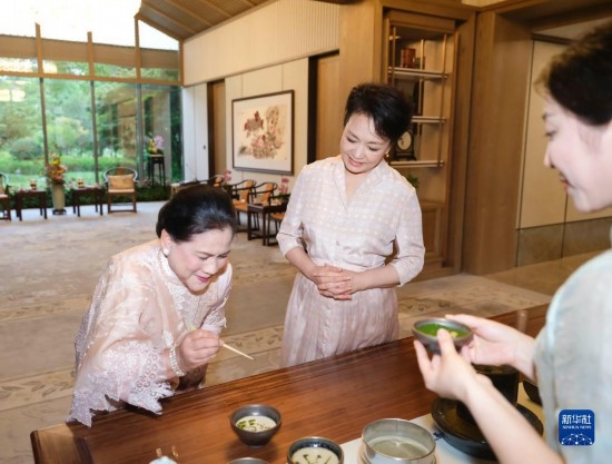 7月27日下午，國(guó)家主席習(xí)近平夫人彭麗媛在四川成都會(huì)見陪同印度尼西亞總統(tǒng)佐科來華出席第31屆世界大學(xué)生夏季運(yùn)動(dòng)會(huì)開幕式并訪華的總統(tǒng)夫人伊莉亞娜。這是彭麗媛邀請(qǐng)伊莉亞娜觀看茶藝表演，并同伊莉亞娜親切茶敘。新華社記者 丁林 攝