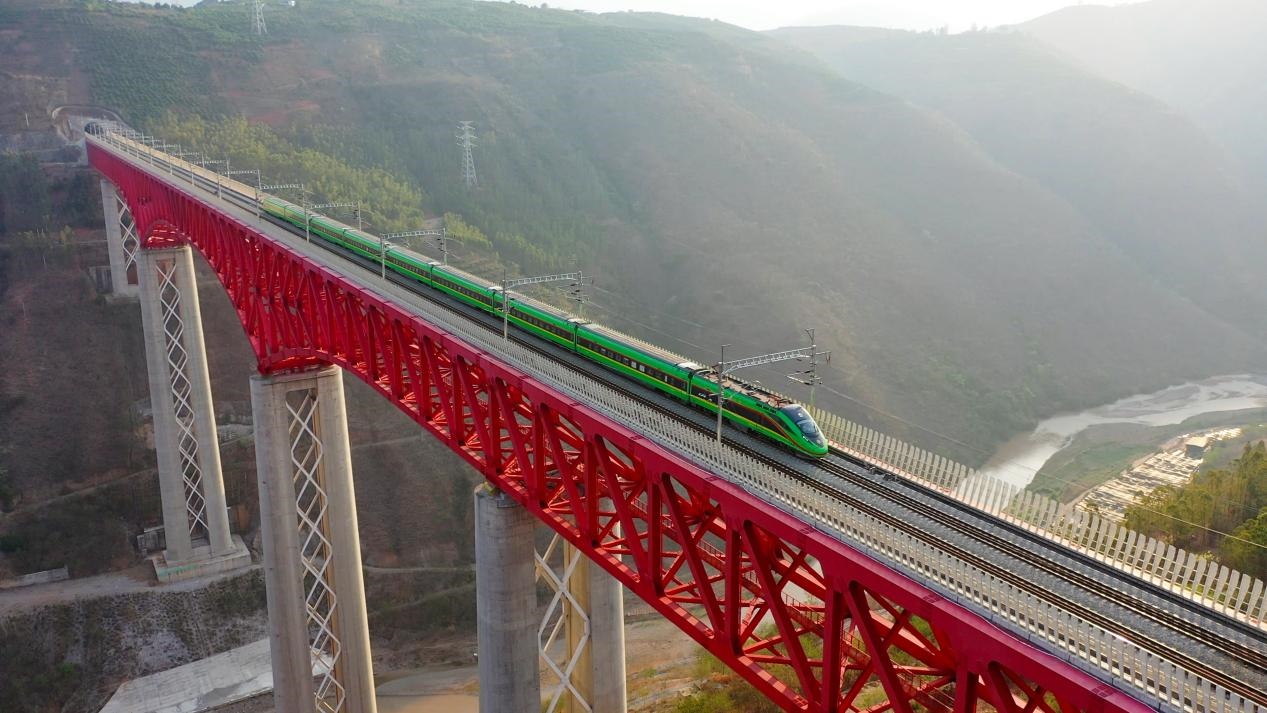中老鐵路國(guó)際旅客列車(chē)在云南省境內(nèi)的元江特大橋上飛馳。姚巍攝