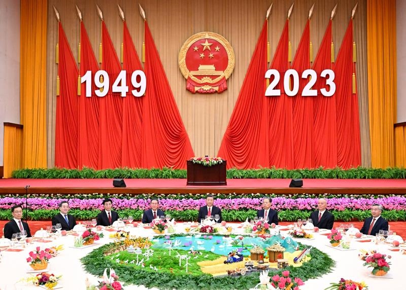 △2023年9月28日，慶祝中華人民共和國成立74周年招待會在北京人民大會堂舉行。
