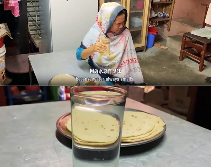 圖為紀(jì)實(shí)短片截圖：上圖為水質(zhì)未改善前，飲用水發(fā)黃渾濁；下圖為水廠建成后，飲用水水質(zhì)明顯改善，清澈透明。