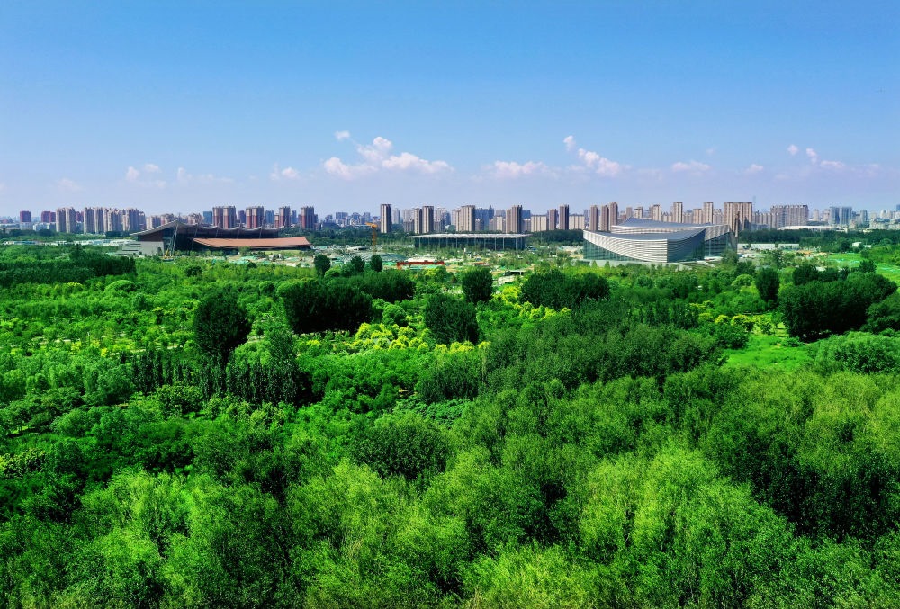 北京東方化工廠舊址建成的綠心公園草木蔥蘢。（馬文曉 攝）