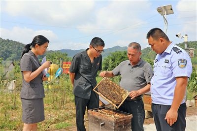  圖②：蒙山法院黃村法庭法官深入蜂蜜合作社，實(shí)地了解蜂農(nóng)需求。
