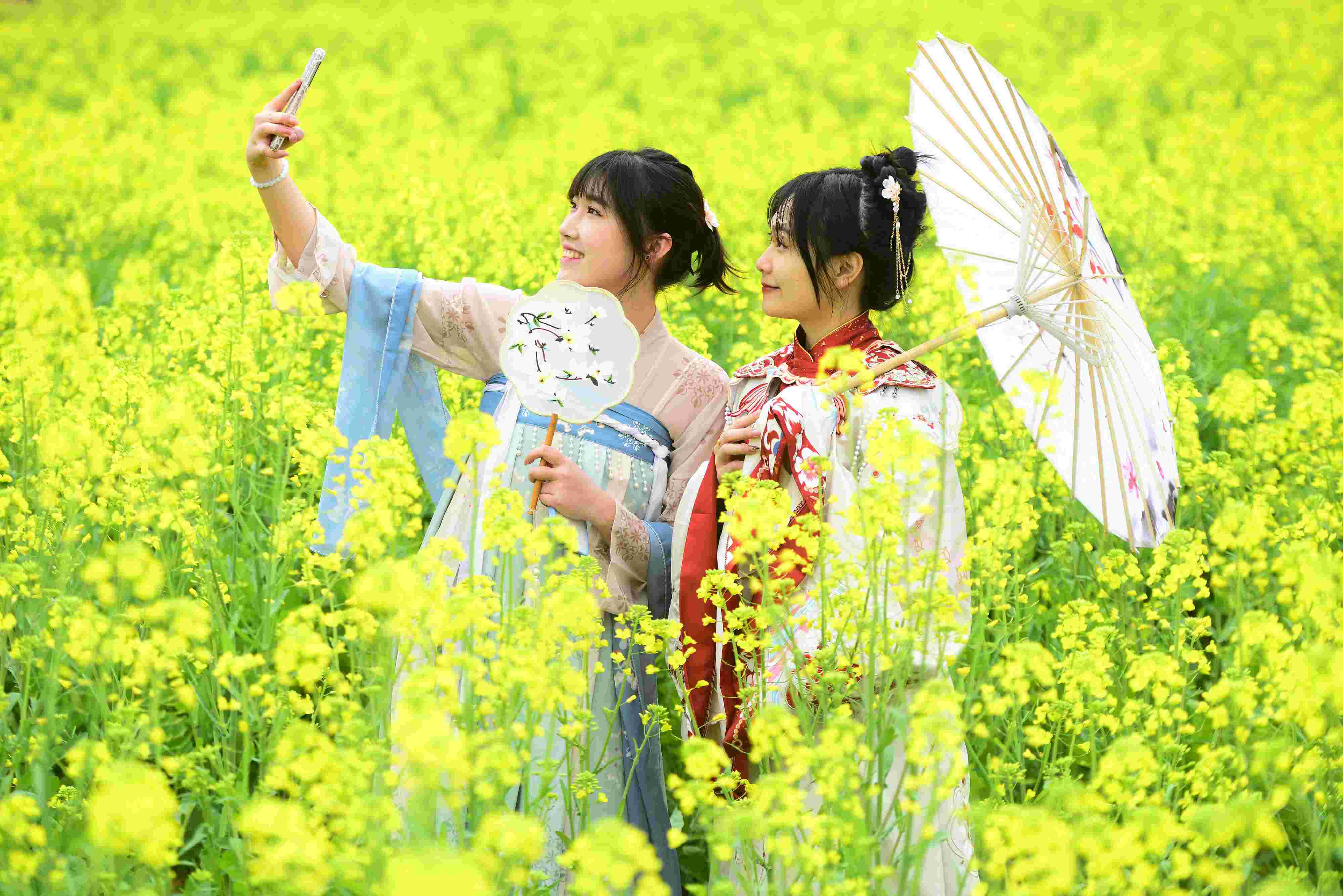 △ 2024年2月16日，廣西賀州，在富川瑤族自治縣麥嶺鎮(zhèn)三民村，游客在油菜花田間賞花拍照。