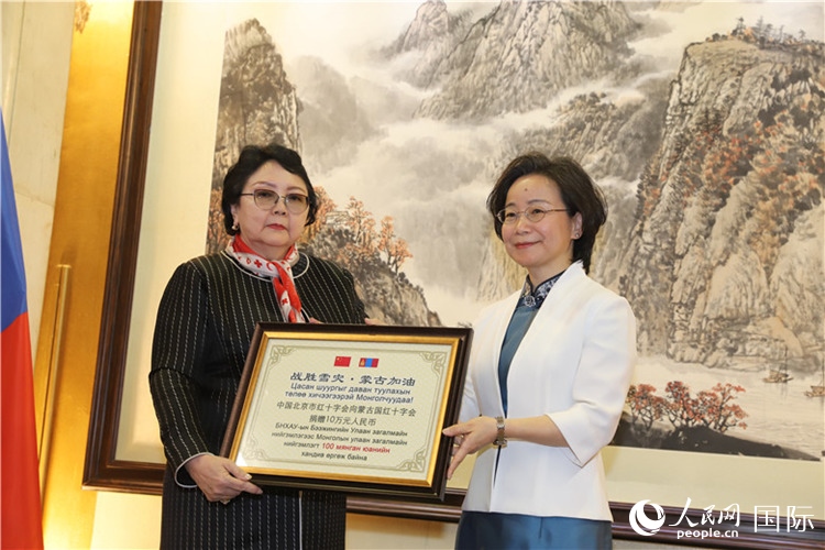 沈大使向?qū)殑跔柆敚ㄗ螅┟貢?shū)長(zhǎng)轉(zhuǎn)交捐款。人民網(wǎng)記者 霍文攝