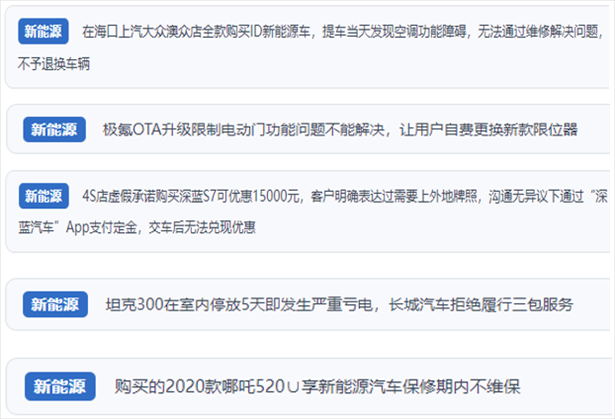 “人民投訴”用戶吐槽新能源汽車功能障礙多發(fā)、升級(jí)后配套服務(wù)跟不上、虛假優(yōu)惠、保修期內(nèi)不維保的問題。（“人民投訴”平臺(tái)截圖）