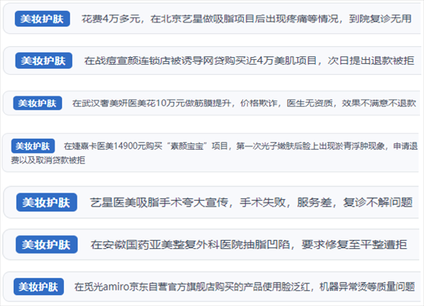 “人民投訴”用戶舉報(bào)醫(yī)美未達(dá)預(yù)期效果或?qū)е律眢w損傷退款遭拒、機(jī)構(gòu)及服務(wù)人員虛假資質(zhì)、被誘導(dǎo)高額醫(yī)美貸、網(wǎng)購美容儀器質(zhì)量不過關(guān)等問題。（“人民投訴”平臺(tái)截圖）