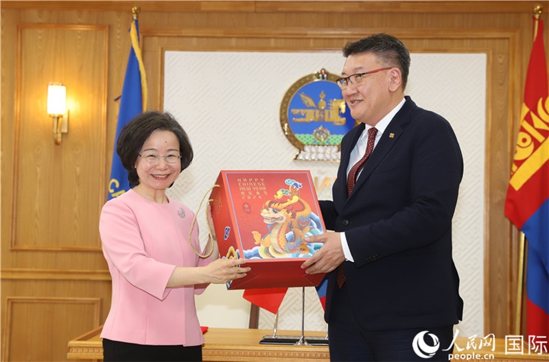 沈大使向扎布赫楞部長贈送吉祥龍。人民網記者 霍文攝