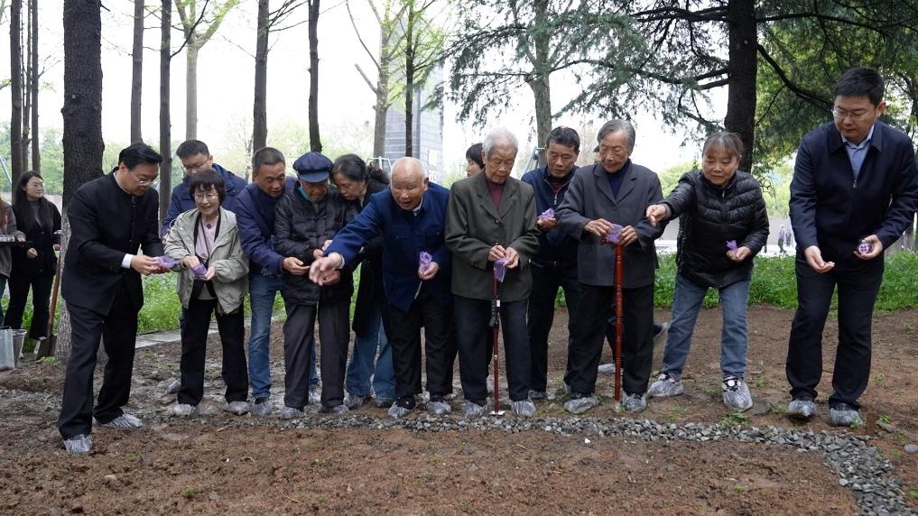 南京大屠殺幸存者代表、死難者遺屬代表等在紀念館的和平公園里，播撒下紫金草的種子。新華社記者林凱 攝