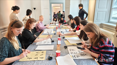 瑞典書法愛好者專心學(xué)習(xí)書法。人民網(wǎng)記者 殷淼攝