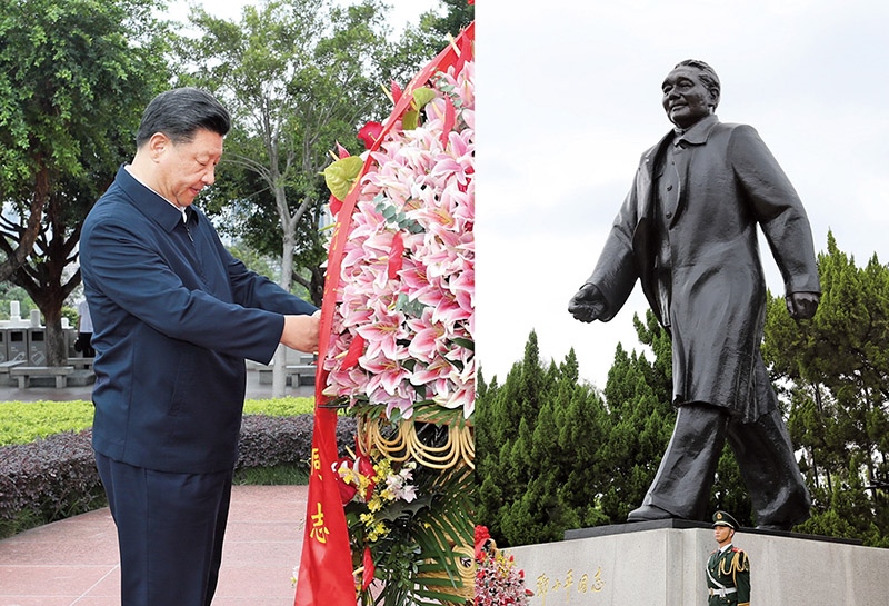 2020年10月14日，深圳經(jīng)濟(jì)特區(qū)建立40周年慶祝大會(huì)在廣東省深圳市隆重舉行。中共中央總書記、國(guó)家主席、中央軍委主席習(xí)近平在會(huì)上發(fā)表重要講話。這是當(dāng)天下午，習(xí)近平來(lái)到蓮花山公園，向鄧小平同志銅像敬獻(xiàn)花籃。 新華社記者 王曄/攝