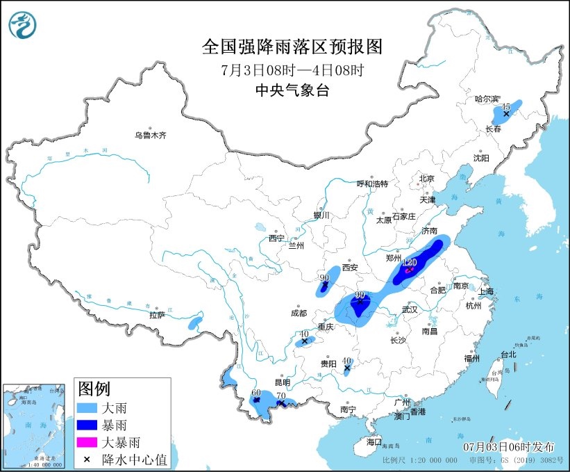 圖1 全國強降水落區(qū)預報（7月3日08時-7月4日08時）