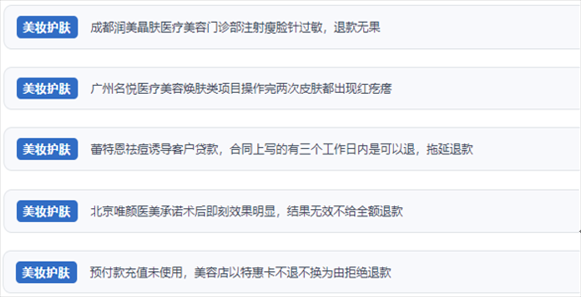 網(wǎng)友涉及醫(yī)美機(jī)構(gòu)虛假宣傳、誘導(dǎo)消費(fèi)、致傷客戶(hù)、違約不退費(fèi)等消費(fèi)侵權(quán)的相關(guān)投訴。（“人民投訴”用戶(hù)投訴截圖）