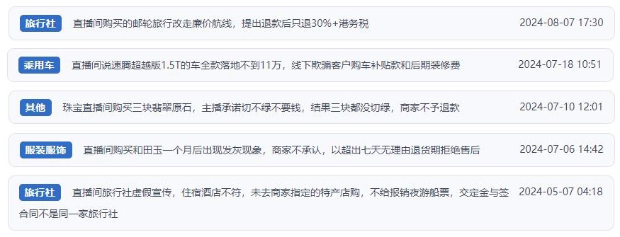 近期網(wǎng)友涉及直播購物相關(guān)投訴問題。（“人民投訴”用戶投訴截圖）