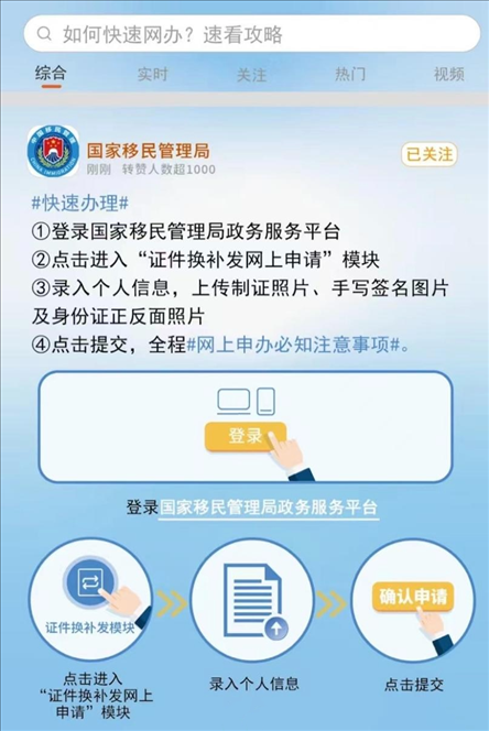 國(guó)家移民管理局出入境證件“全程網(wǎng)辦”流程。圖片來(lái)源：微信公眾號(hào)“國(guó)家移民管理局”