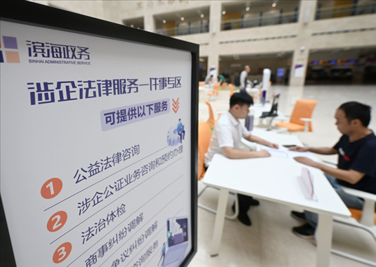 在天津?yàn)I海新區(qū)政務(wù)服務(wù)中心，工作人員在“涉企法律服務(wù)一件事”專區(qū)為市民提供服務(wù)（2024年7月31日攝）。新華社記者 趙子碩 攝
