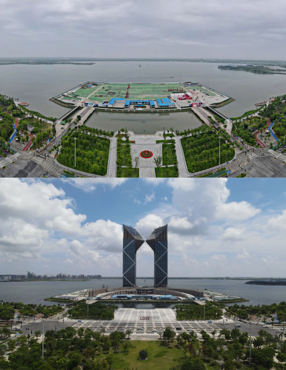 拼版照片：空中俯瞰中國（上海）自由貿(mào)易試驗(yàn)區(qū)臨港新片區(qū)滴水湖西島中銀金融中心項(xiàng)目現(xiàn)場(chǎng)（上圖為2021年6月20日攝，無人機(jī)照片；下圖為2024年8月14日攝，無人機(jī)照片）。2019年8月20日，臨港新片區(qū)揭牌成立，一個(gè)開放新高地在長(zhǎng)江與東海交匯處日益崛起。