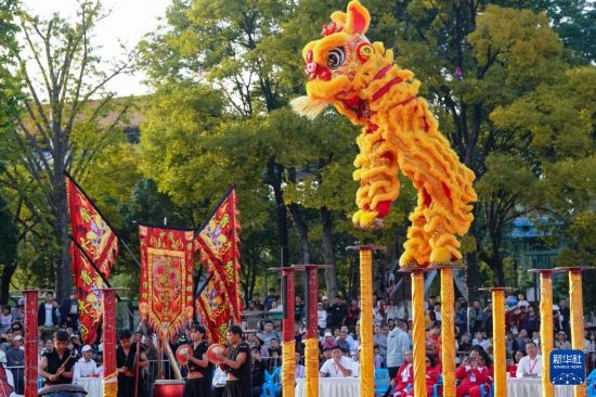 10月19日，云南魯木納龍獅藝術(shù)團(tuán)隊員在南獅高樁自選套路項目中比賽，最終他們獲得該項目銅獎。