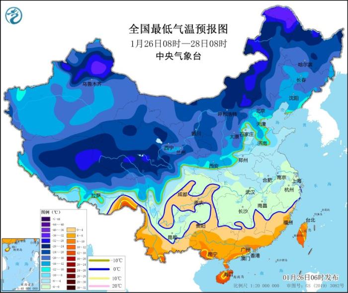 全國最低氣溫預報圖(1月26日08時-28日08時) 圖片來源：中央氣象臺網站