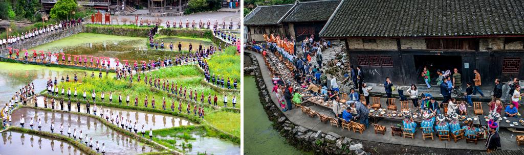 左圖：近期，人們?cè)诶杵娇h肇興侗寨的田園里演唱侗族大歌（黎平縣委宣傳部供圖）；右圖：這是2023年拍攝的十八洞村長(zhǎng)桌宴（湘西州委宣傳部供圖）。