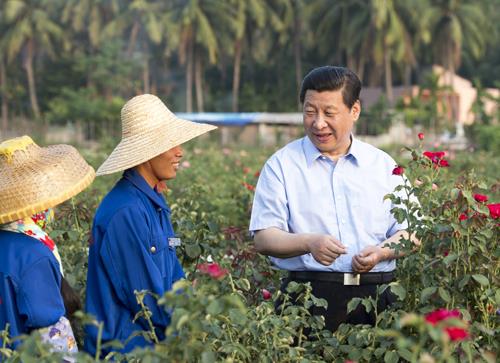 △2013年4月9日，習(xí)近平總書記在海南亞龍灣蘭德玫瑰風(fēng)情產(chǎn)業(yè)園向花農(nóng)了解玫瑰種植管理技術(shù)。