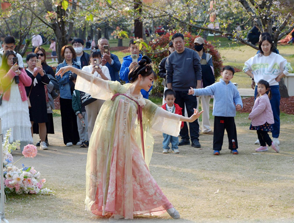 清明假期期間，上海顧村公園櫻花島上，游客在觀賞國(guó)風(fēng)漢服快閃表演。（圖片來(lái)源：視覺(jué)中國(guó)）